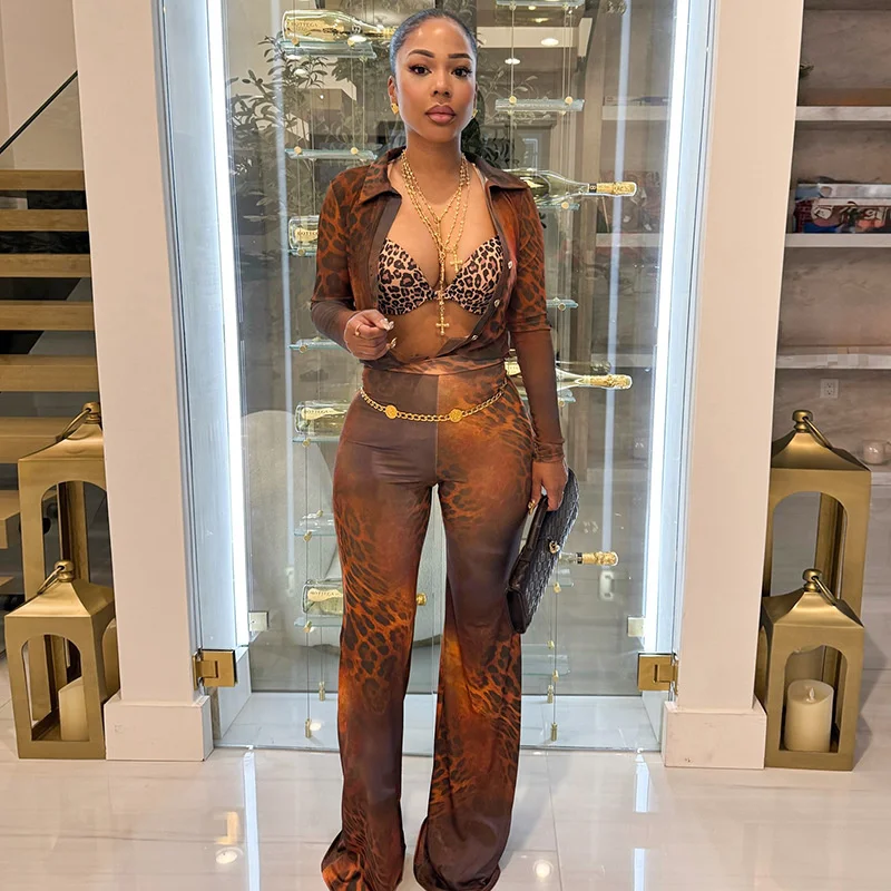 Doyerl Leopard Print Festivals Outfit Women Two Piece Set Club Party Mesh Sheer Long Sleeve Shirt Top+ Flare Pants Matching Sets