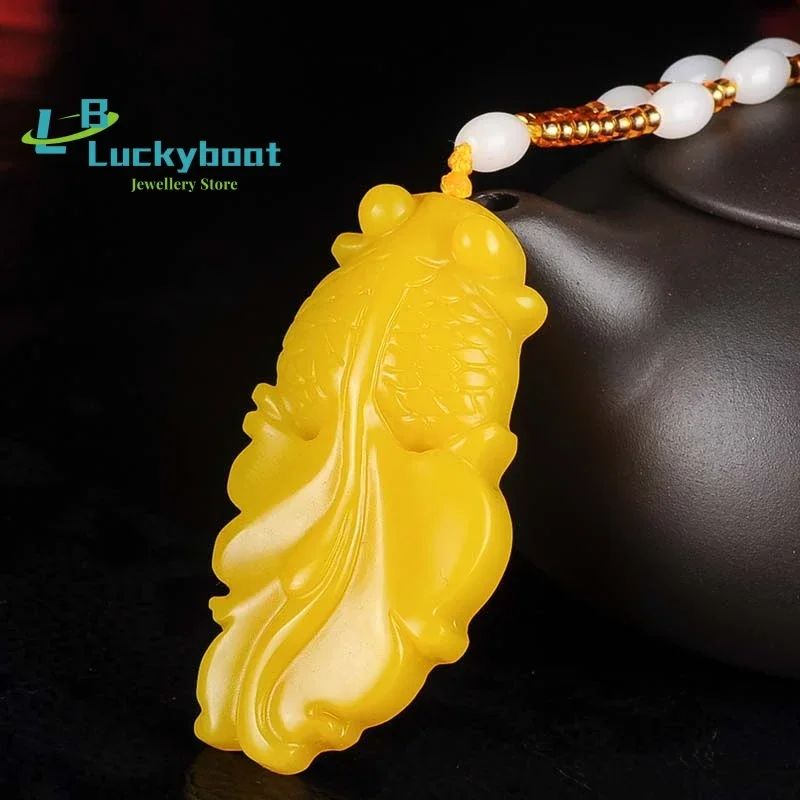 

Natural Yellow Chinese Jade Goldfish Pendant Beads Necklace Fashion Charm Jadeite Jewelry Carved Amulet Gifts for Women Men