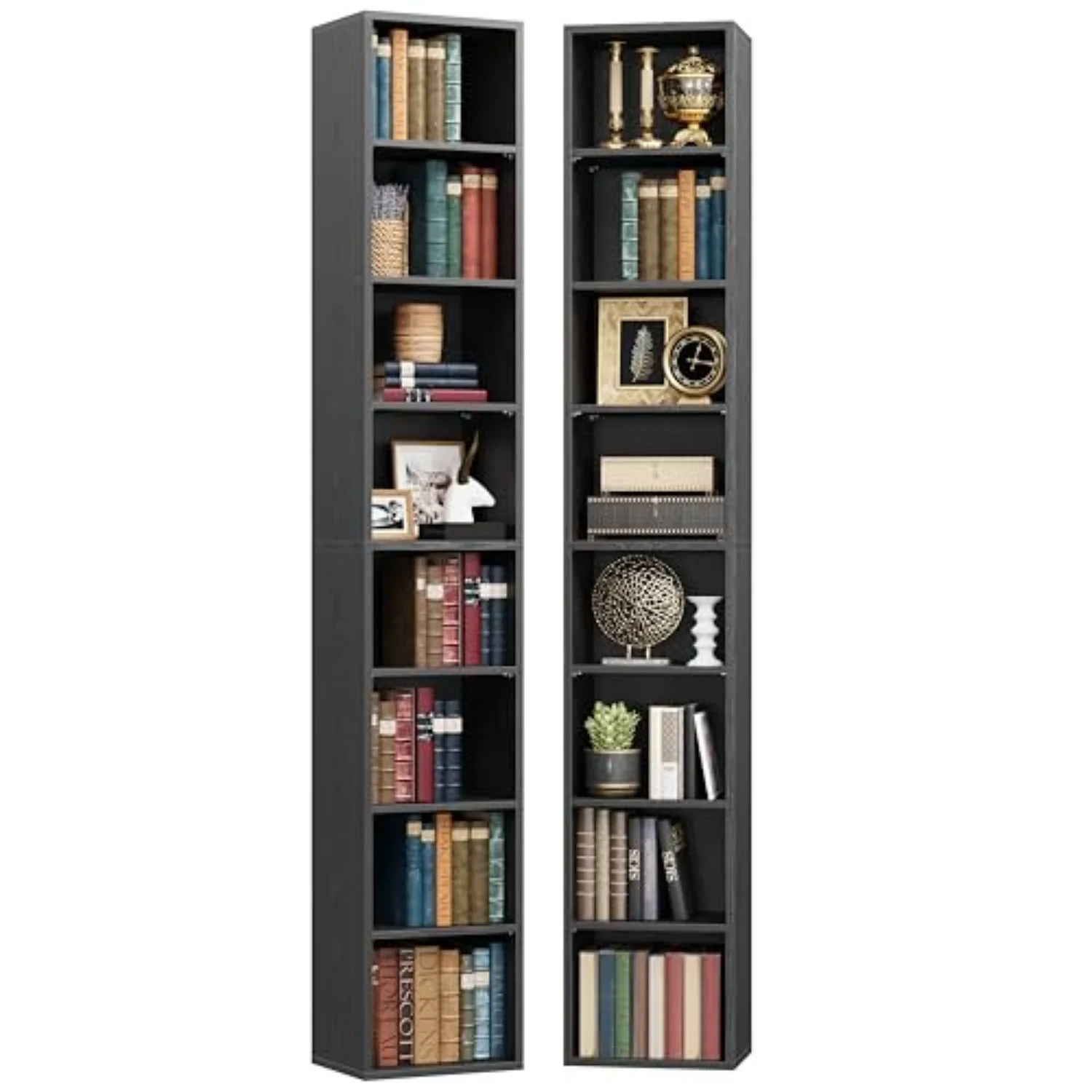 Tall Narrow Bookshelf 8 Tiers 71in Set of 2, Compact Corner Bookcase | 4 Adjustable Shelves. Compact Corner-fit Design