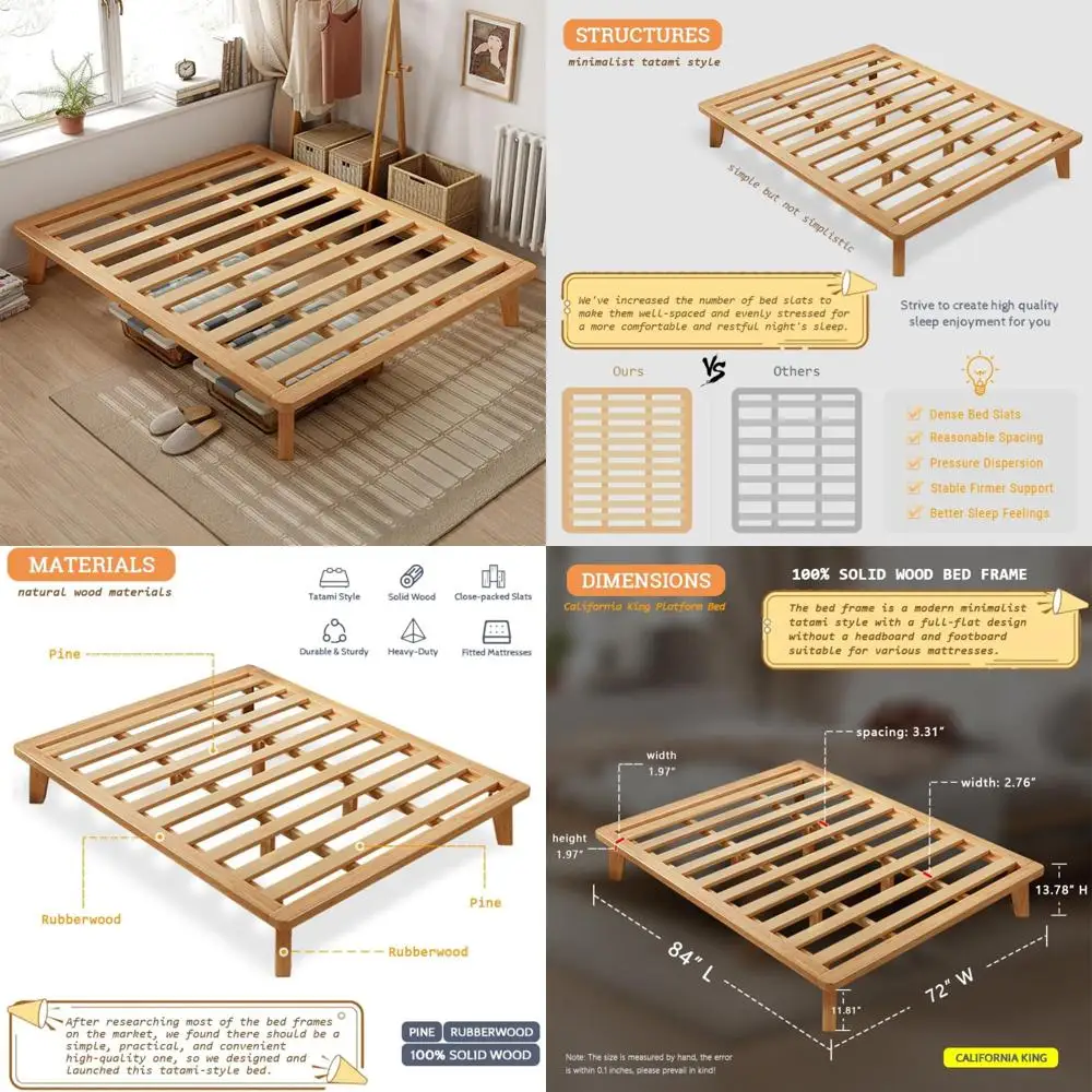 إطار سرير بمنصة من الخشب الصلب من كاليفورنيا كينج مع 14 شرائح وأرجل داعمة للمرتبة #1