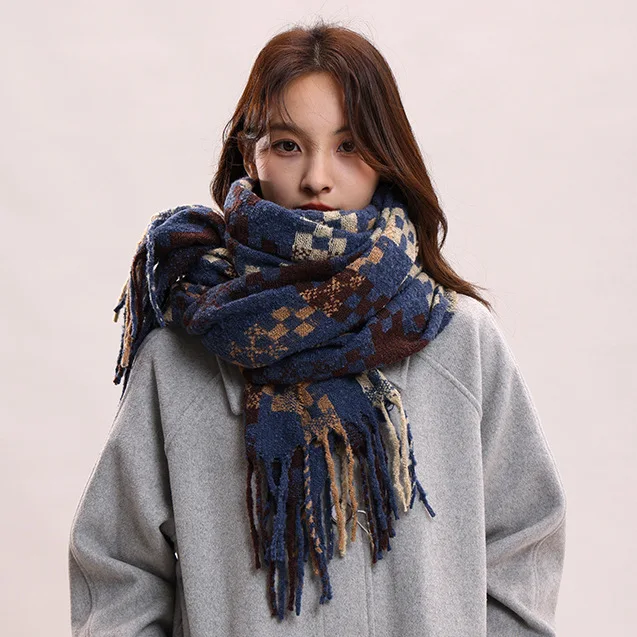 New Winter Scarf for Women Luxury Cashmere Warm Rainbow Plaid Pashmina Blanket Shawl Thick Soft Bufanda Wraps Long Poncho Wh5