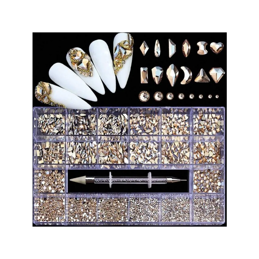 

Набор страз для дизайна ногтей с плоским дном, 21 вид, включает 2500 круглых страз и 600 асимметричных страз с плоским дном, с Rhi