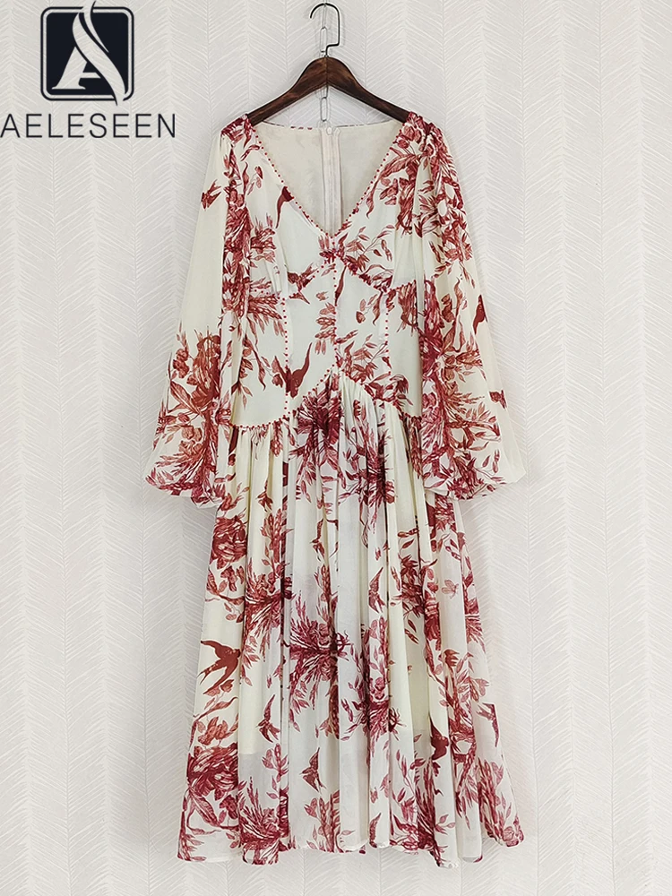 

AELESEEN Bohemian Long Dress Women Spring Autumn Pink Flower Print V-neck Vintage Flare Sleeve Beading Elegant Long Retro