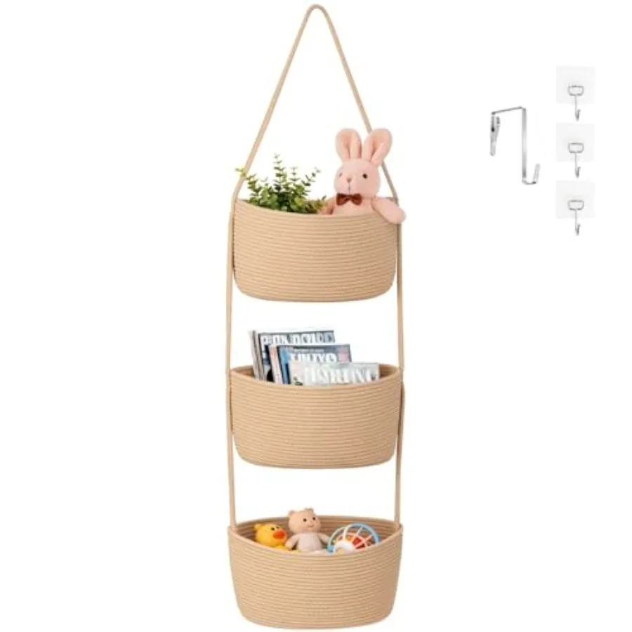

3-Tier Hanging Basket Over the Door, Cotton Rope Wall basket, Hanging Nursery Decor for Organizing, Jute