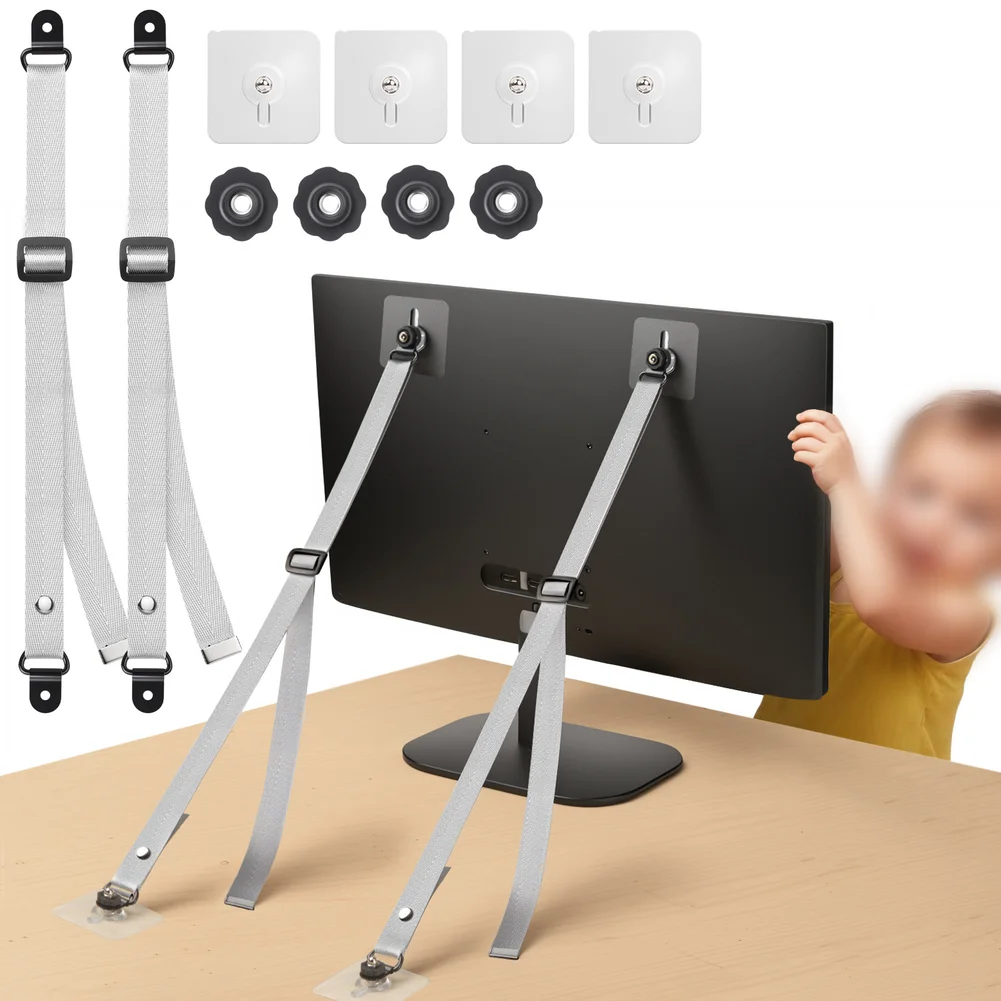 1set Safety Strap Anti Tip Straps TV Anti-rewind Function No-Drill Adjustable Monitor Holder Computer Monitor Mounting Bracket