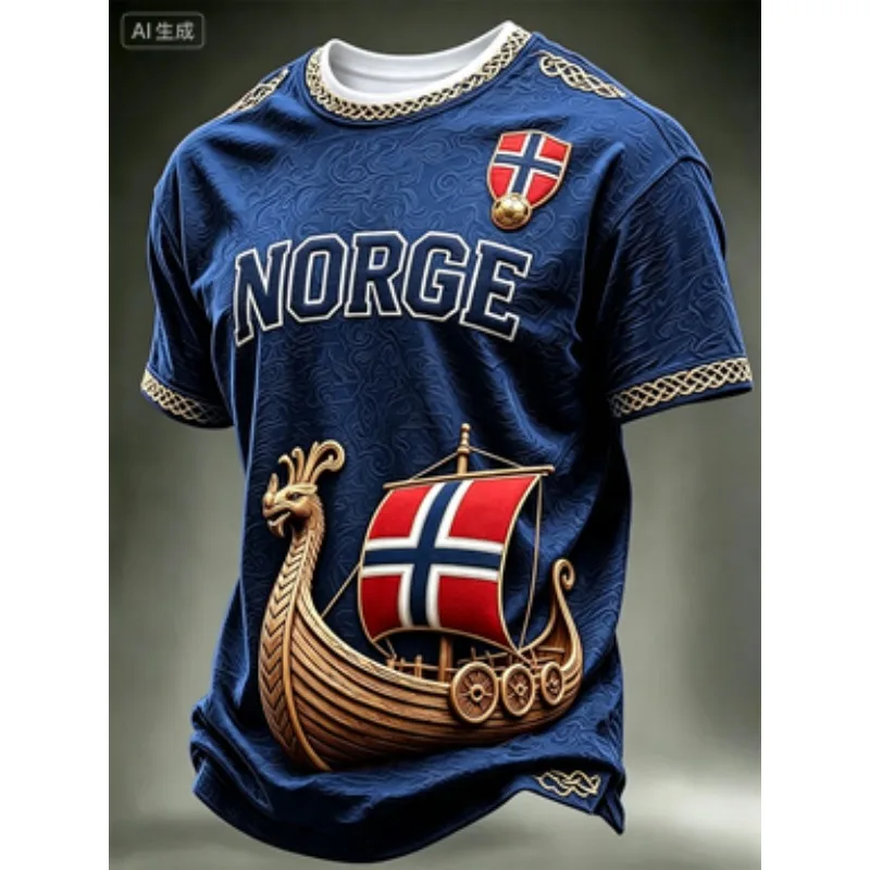 3D Printed Norway Soccer Jersey, Classic Blue and White Viking Ship Design, Breathable Sports T-Shirt for Football Fans