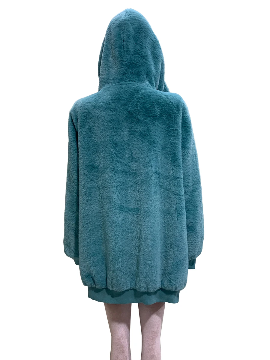 Autumn Winter Sweet Cute Faux Fur Coat Women with Bunny Ears Zipper Kawaii Loose Japanese Style Clothes Fluffy Jacket Hoodie