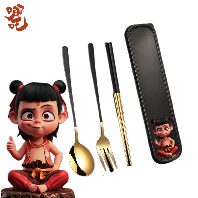 

Nezha 2 Ao Bing cartoon stainless steel spoon chopsticks fork creative personality anti-drop and non-slip tableware set gift