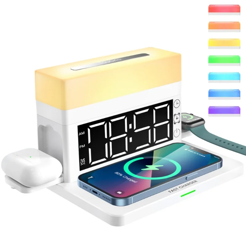 

6 In 1 Wireless Charging Station With LED Night Light Digital Alarm Clock 18W Fast Charging Compatible For IPhone 13 12 11 Pro