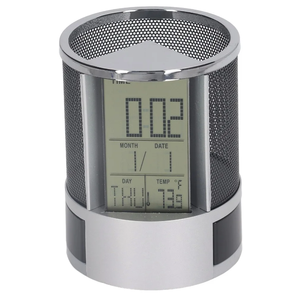 Temperature Detection Pen Holder Clock Multi-Function Iron Mesh Storage Pen Holder Circular Design Digital Alarm Clock Office