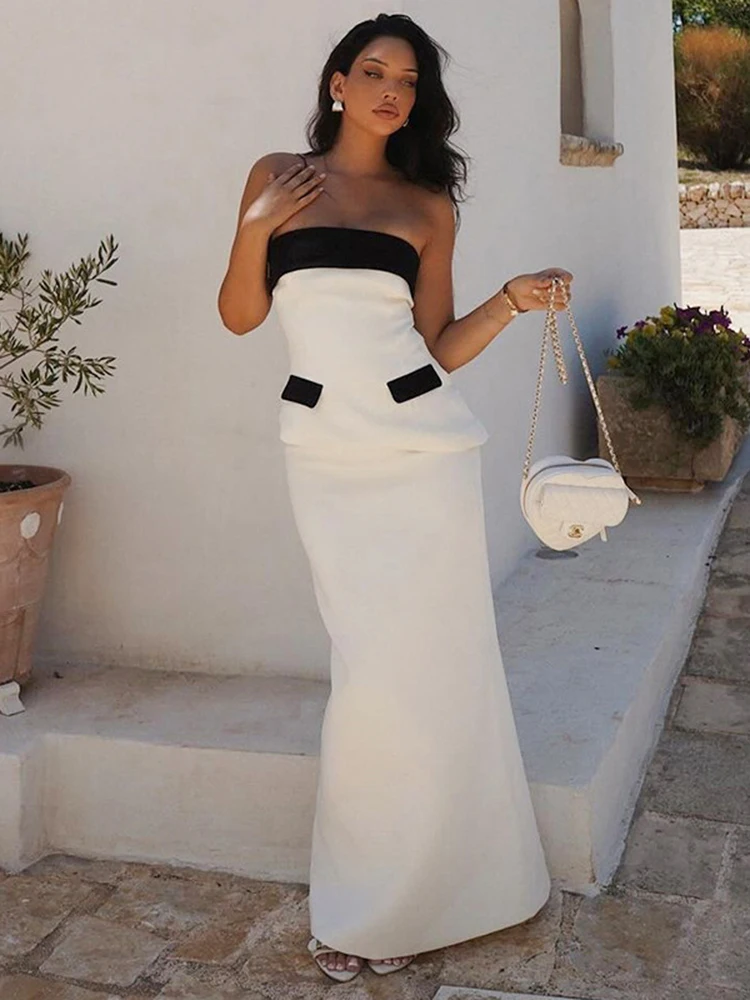 TARUXY Fashion Slim Skirt Suit Women's Elegant Sexy Contrast Color Strapless Top High Waist Split Long Skirt Party Outfits Lady