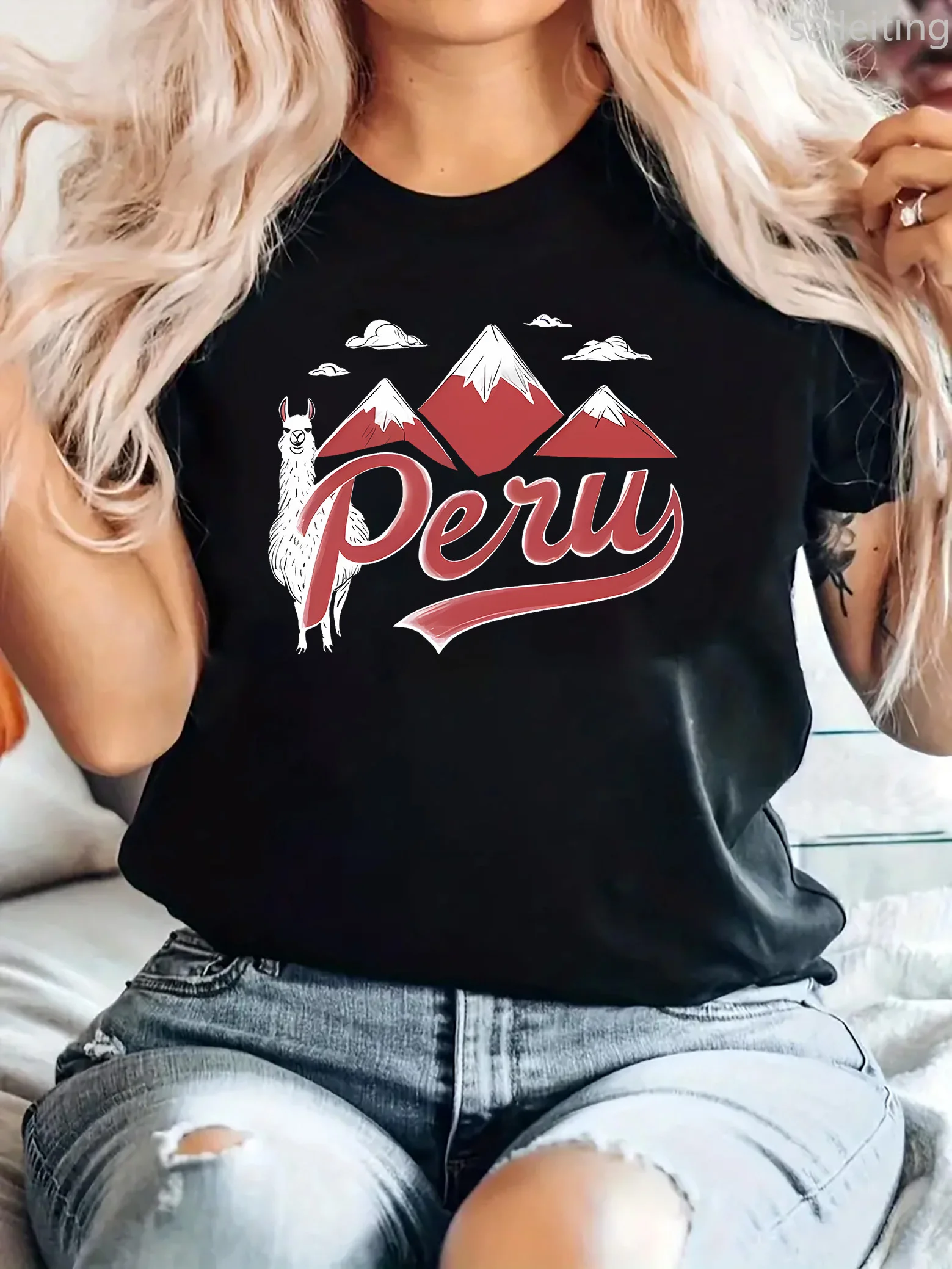 

Женская повседневная футболка с рисунком Peru Mountain Goat в стиле Харадзюку, повседневная женская футболка с короткими рукавами, уличные топы, футболка, эстетичная одежда