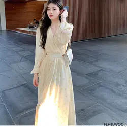 Romantic Long Fairy Dresses 2023 Summer French Design Women Holiday Chiffon Flower Floral Retro Vintage Hollow Out Holiday Dress