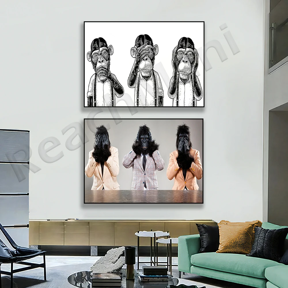 Three Monkeys Art Print, Don't See Don't Listen, Monkey Drawing, Abstract Monkey Print Wall Art Sub Decor Canvas Print Poster