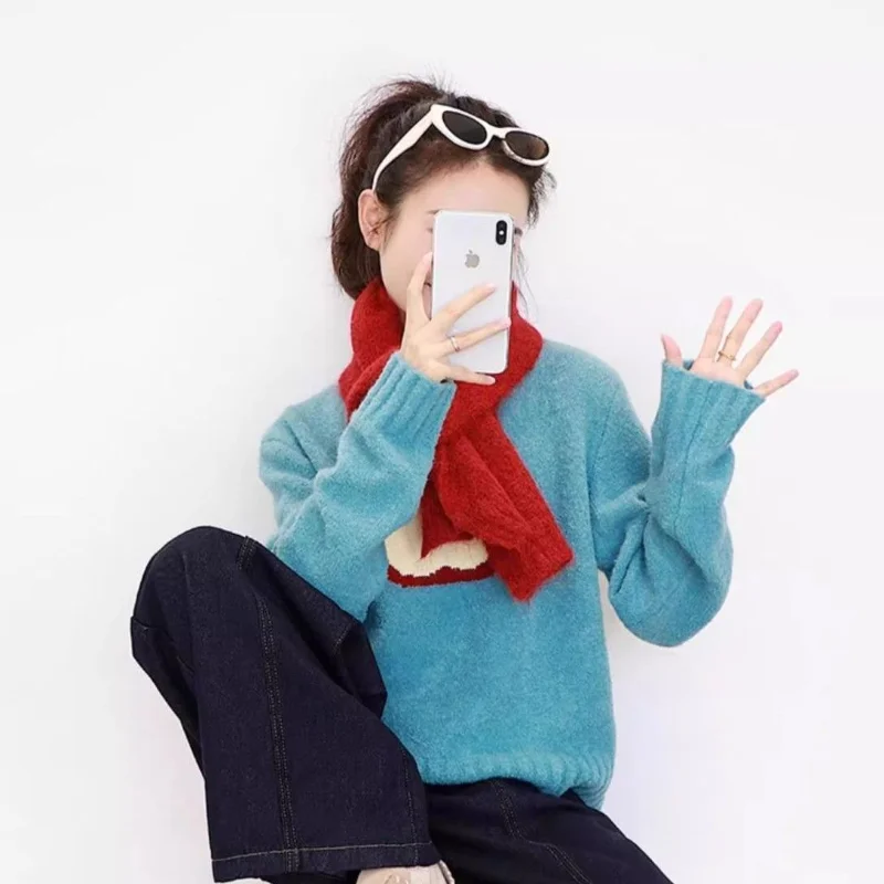 

Soft Waxy Apple Round Neck Sweater for Women Autumn Winter Lazy High-end Loose Knitted Sweater Top