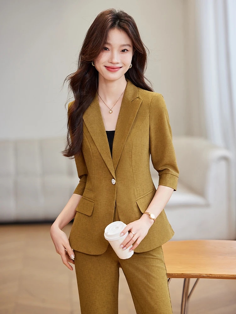 

Busin Casual Women's Jaet 3/4 Sve Profional Ele Faionable Spring Summer New Arrival OL Suit Set