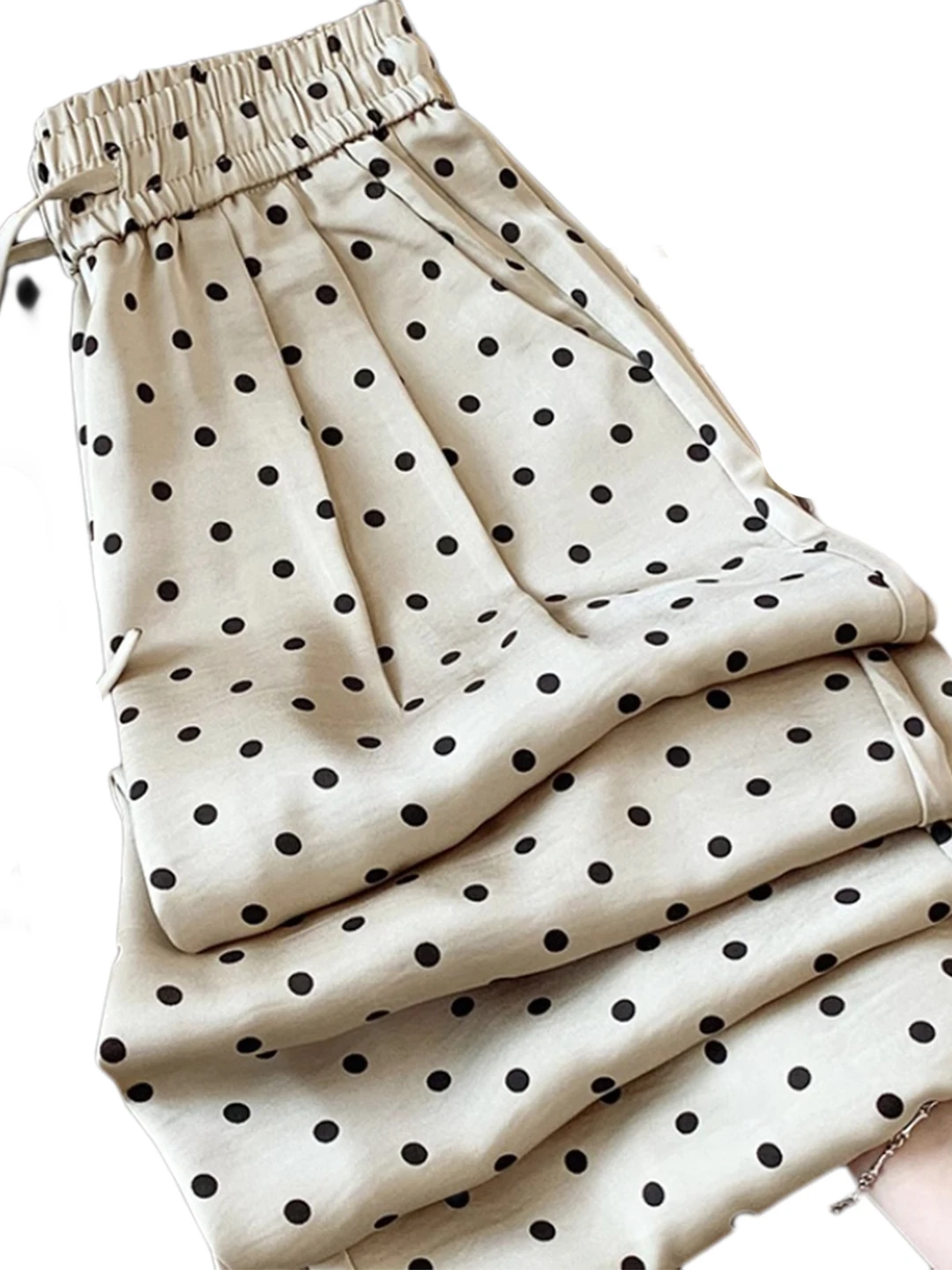 الصيف رقيقة خلات الساتان البولكا نقطة بنطال ذو قصة أرجل واسعة المرأة فضفاضة عالية الخصر ثنى مستقيم بنطلون طويل غير رسمي #5