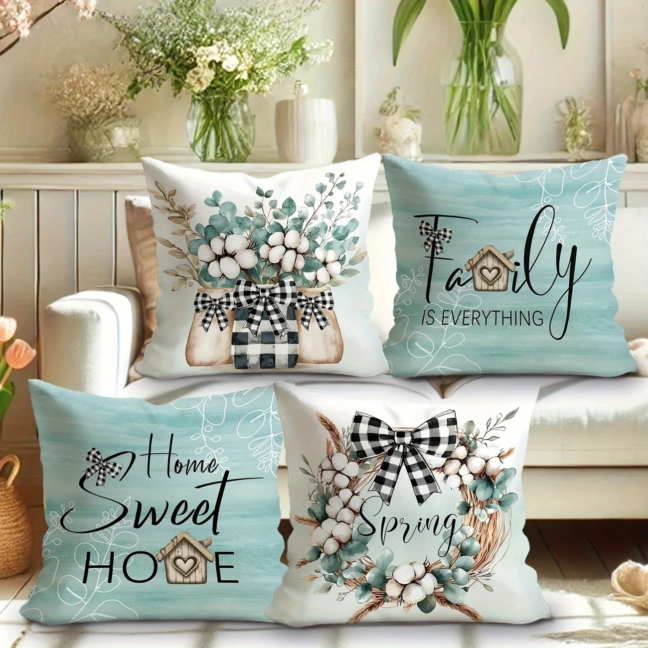A set of 4 spring-themed and eucalyptus pillowcases, featuring a cozy cottage style. Insert not included.