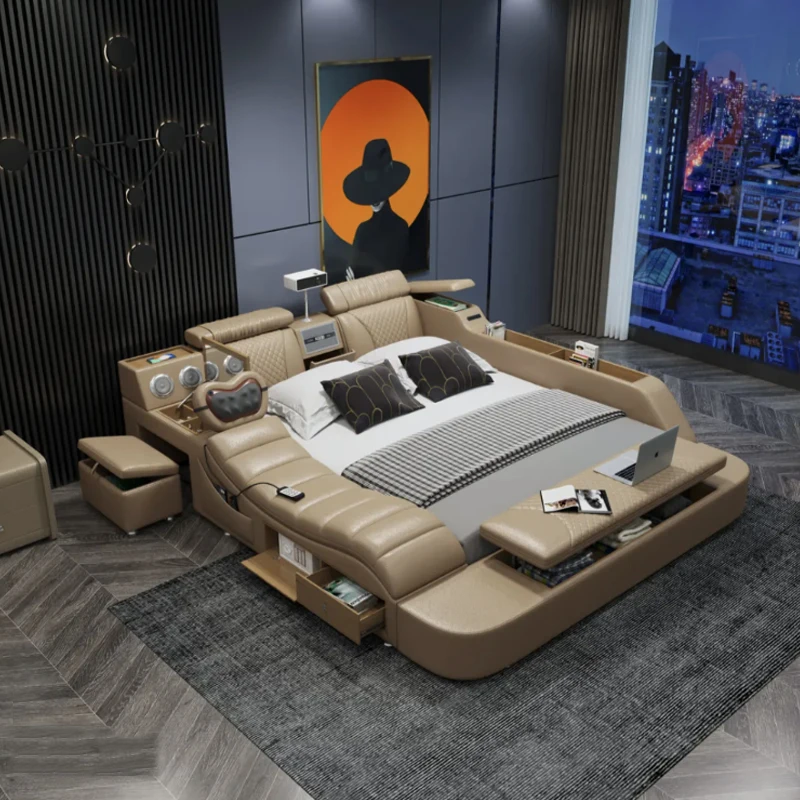 Modern Luxury Bedroom Furniture Smart Electric Massage Up-holstered Beds king Size Double Bed Wooden Frame Leather Set Design