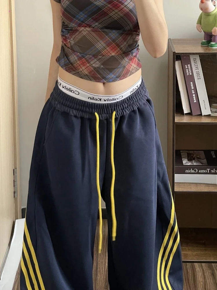 Pantalones deportivos de empalme a rayas Retro americanos para mujer, pantalones largos de pierna ancha ajustados, holgados, informales, de cintura alta