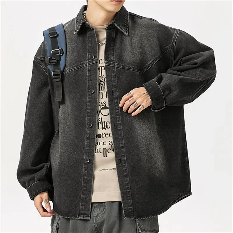 Retro Washed Vintage Denim Shirt Men Autumn New Collection with Patchwork Design Couple Men Loose Long Sleeved Shirt Jacket