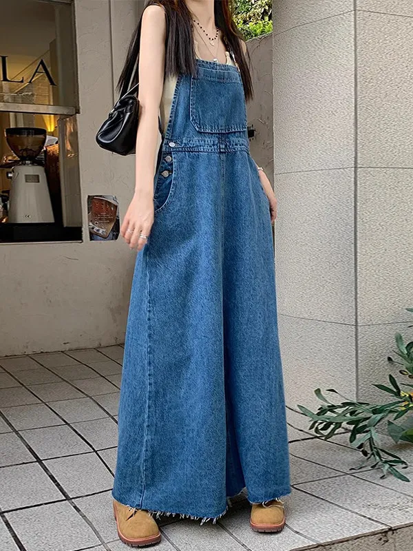 Plus Size Midi Split Denim Dress Women 2026 Spring Autumn New Slimming Tummy‑Control Spaghetti Strap Overall Dress