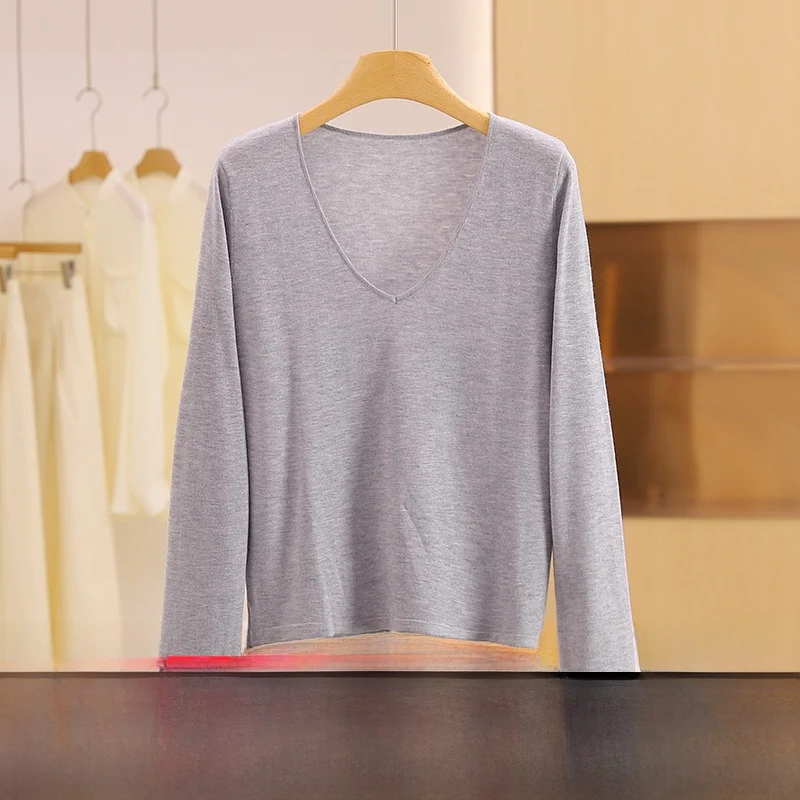 

Basic Low V-Ne Knit irt Women's Pure Color Versatile Fall New Arrival Commute Sle Polyester Wool Nylon Blend Long Sv...