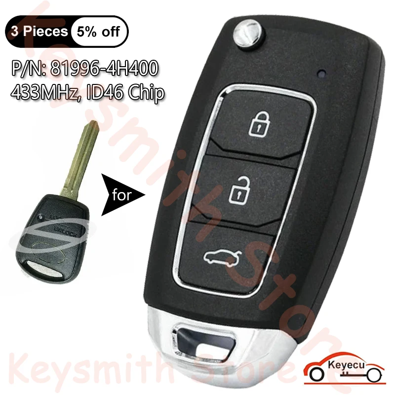 KEYECU-Auto atualizado Flip remoto Key Fob, 3 botões, 433MHz, chip ID46 para Hyundai Starex H-1 H1 2008-2015, 81996-4H400 819964H400