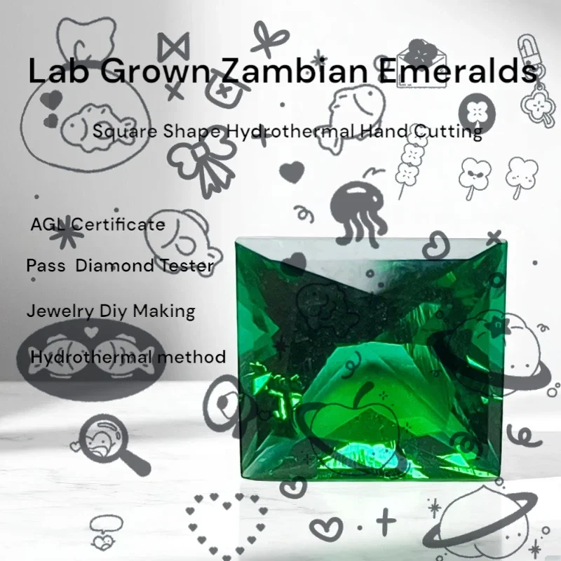 Laboratory Zambian Emeralds Square Shape Hydrothermal Hand Cutting With Cracks Inclusions Inside Selectable AGL Certificate