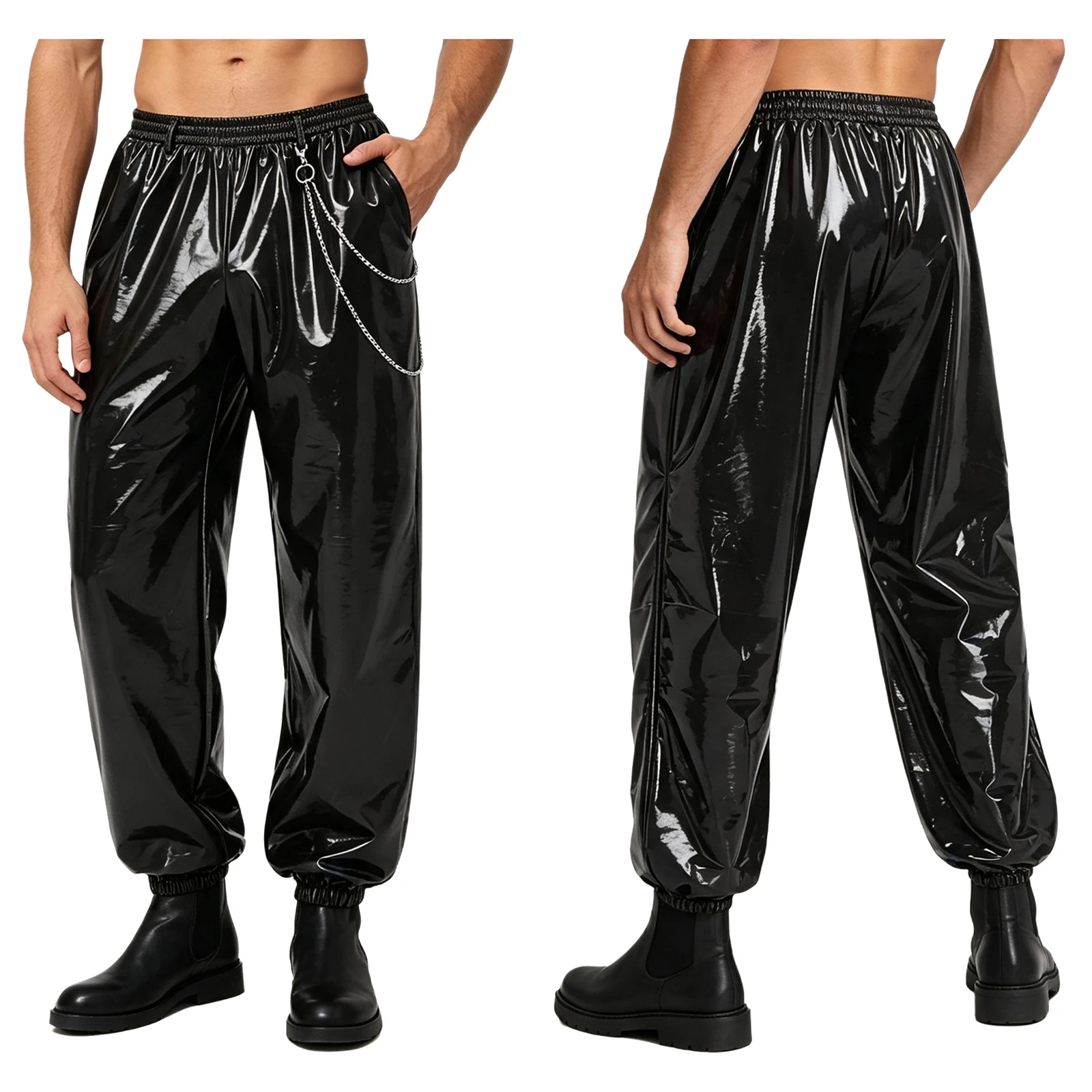 Men Glossy PU Leather Hip Hop Jogger Pants Elastic Waist Loose Punk Trousers with Metal Chain Club Rave Party Motorcycle Costume