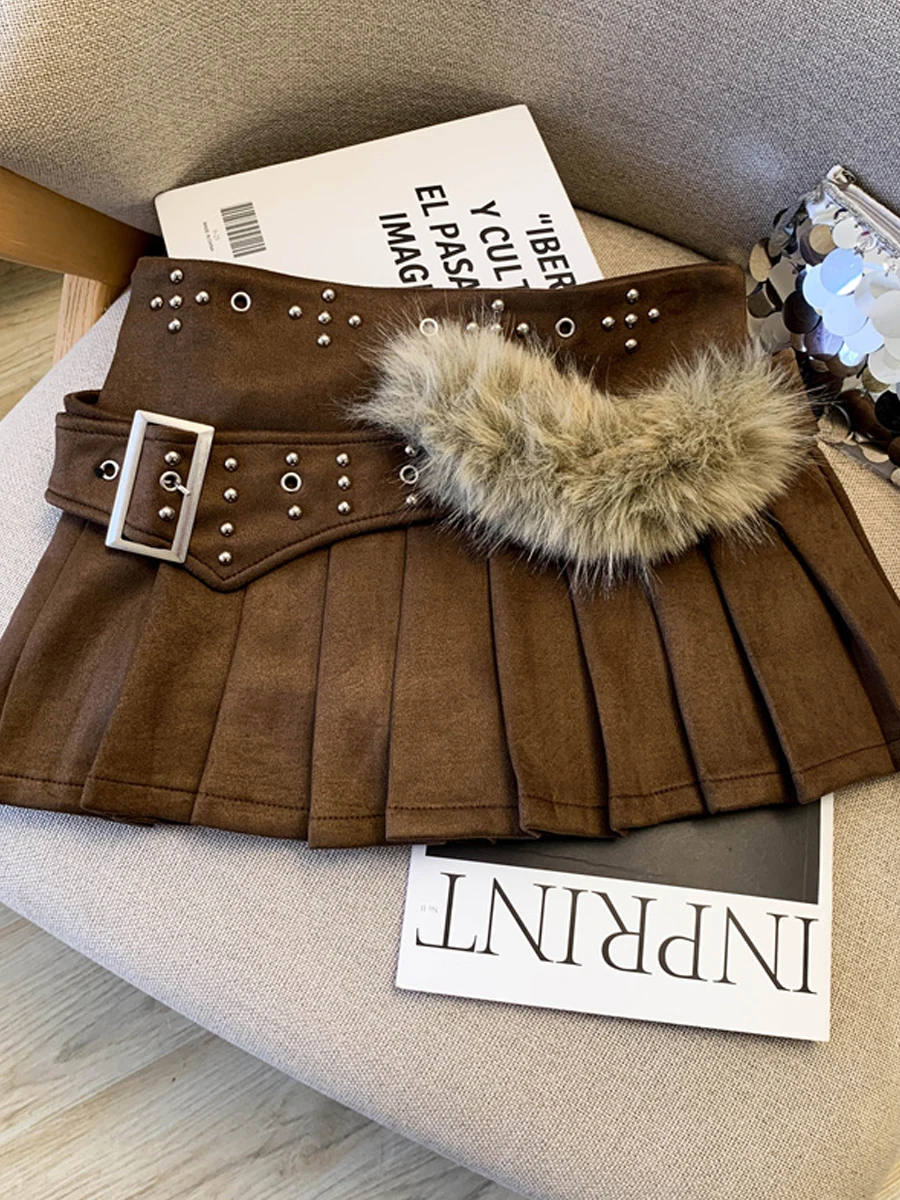 Retro Heavy-duty Leather Belted  Skirt Low Waist Furry Pleated Half-length Women's Casual Skirts Standard Fit A-Line
