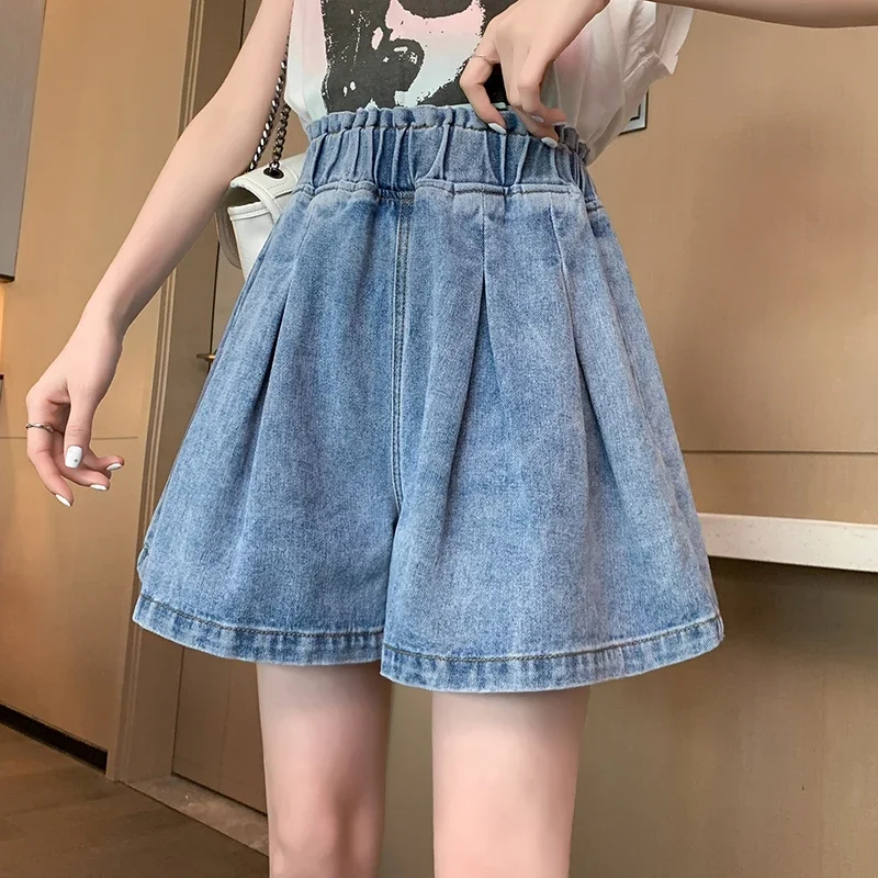 Korean Style Sweet Girl Wide Leg A-Line Denim Shorts For Women Chic Casual Loose Elastic Waist Pleated Skirt Denim Pants A242