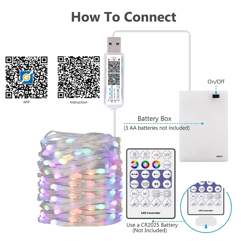 أضواء سلسلة خرافية ذكية لغرفة النوم ، أضواء سلسلة ، حفلة حديقة ، بطارية 3AA ، مقبس USB ، اللون ، 5 فولت ، WS2812B