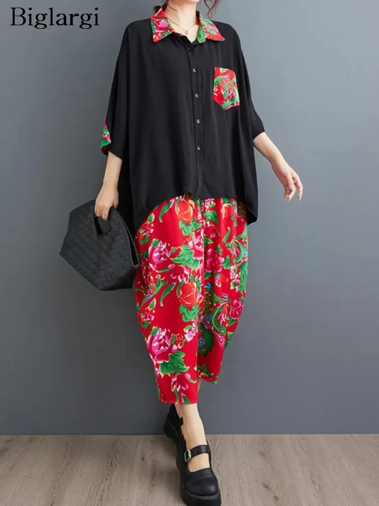 

Oversized Ethnic Style Flower Print Summer 2 Two Piece Set Women Loose Short Sleeve Ladies Blouses Casual Modis Woman Harem Pant