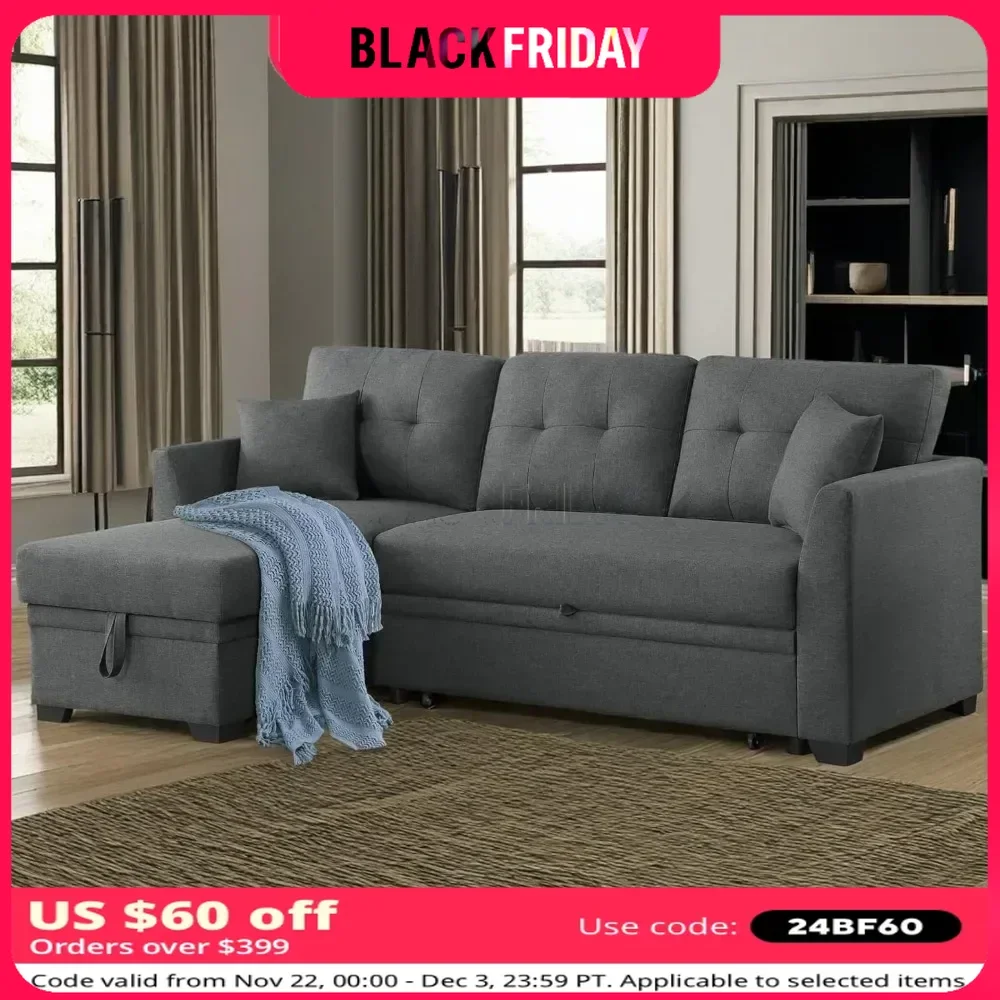 Convertible Sectional Sofa with Storage Chaise Pull Out Sleeper Bed Upholstered Corner Couch Lounge 3-Seater L Shaped Sofa