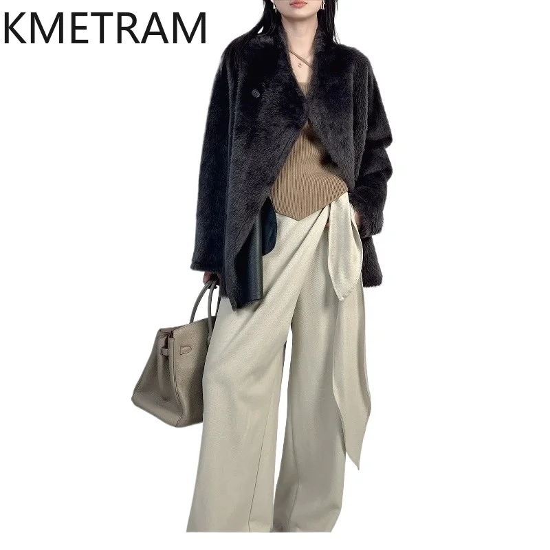 KMETRAM 100% Lacon Sheepskin with Wool Attached Coats Luxury Light Fur Jacket Loose Winter Fur Coat Woman Clothing 80cm 2026 퍼자켓