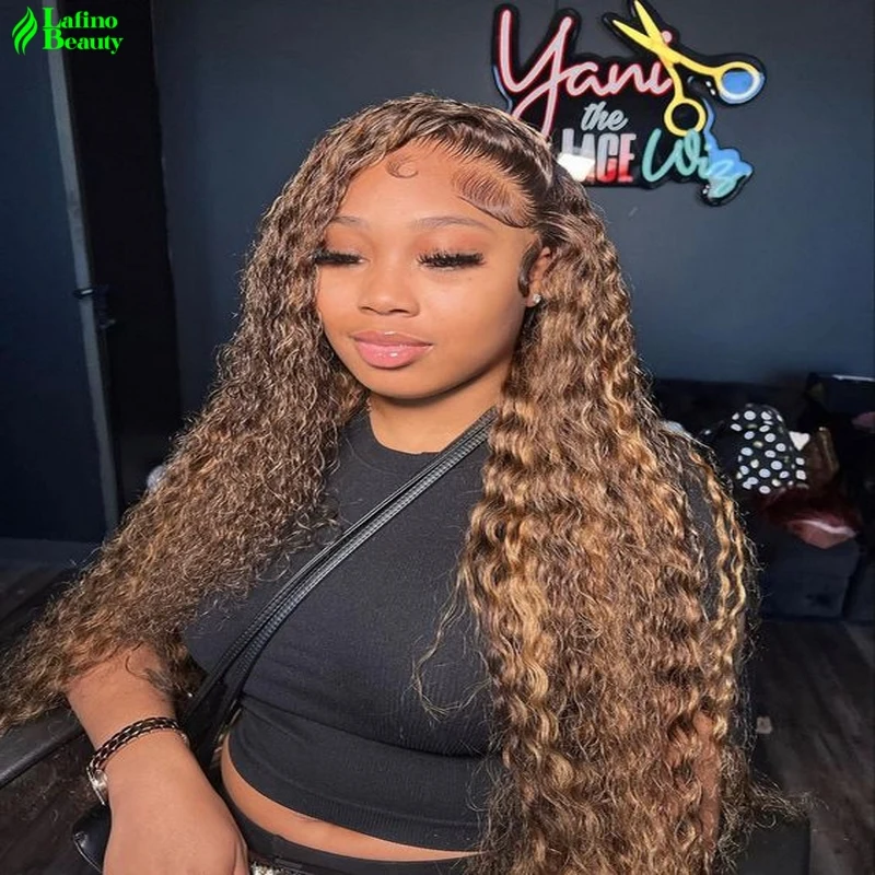 

Curly Highlight Wig Human Hair Water Deep Wave Frontal Wig Blonde Honey Brown Curly Human Hair Wigs Colored lace front wig