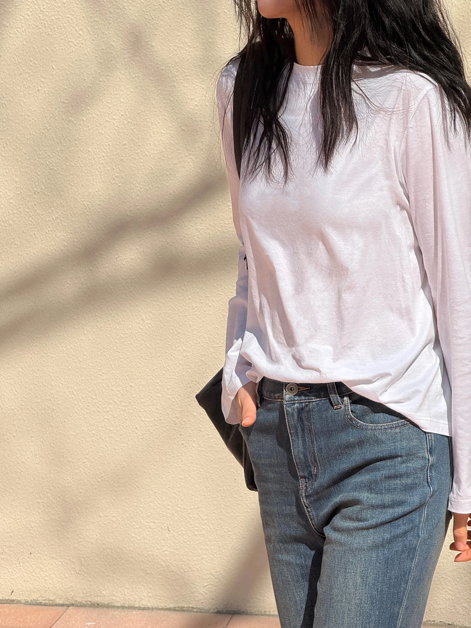 

YUMISOME Весна-Лето: Женская хлопковая футболка с длинным рукавом, круглым вырезом и ребристой отделкой, прямой крой, нейтральный стиль