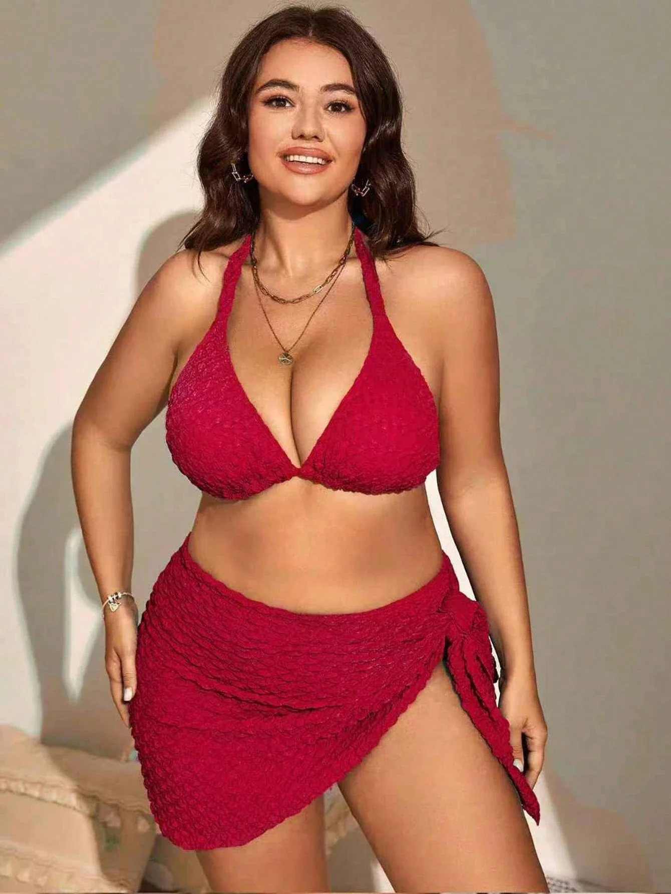 

Plus Size Women 3 Piece Solid Red Bikini Set For Beach Vacation Summer