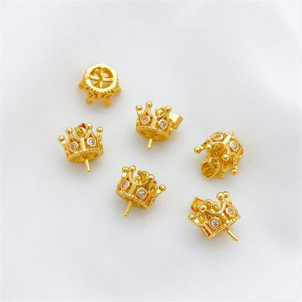 

18K Gold Inlaid Zircon Crown Needle Pendant Needle DIY Handmade Jewelry Necklace Pearl Jade Half Hole L479