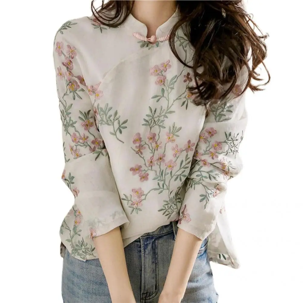 Soft  Great Long Sleeve Cheongsam Shirt Plant Spring Blouse Chinese Style   for Shopping