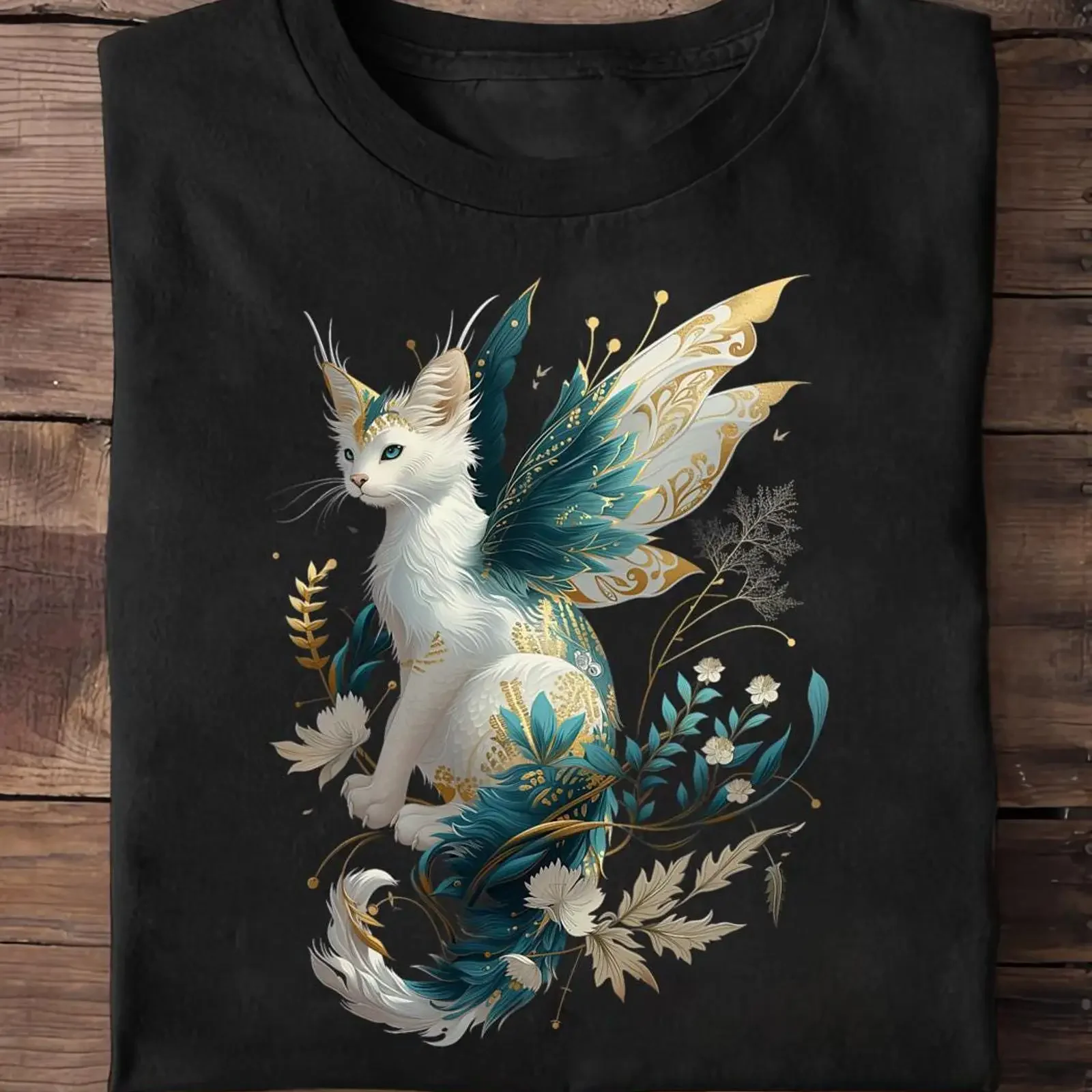 Majestic Cat Dragon Fairy T Shirt White Teal Gold Fantasy vintage Washed Top For Everyday Wear Soft Breathable Stylish Slightly