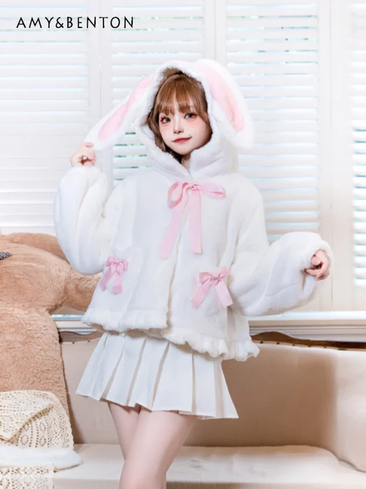 

Sweet Bow Plush Jacket Imitation Rabbit Hair Rabbit Ears Hooded Thickened Warm Jackets Autumn Winter Japanese Lolita Short Coat