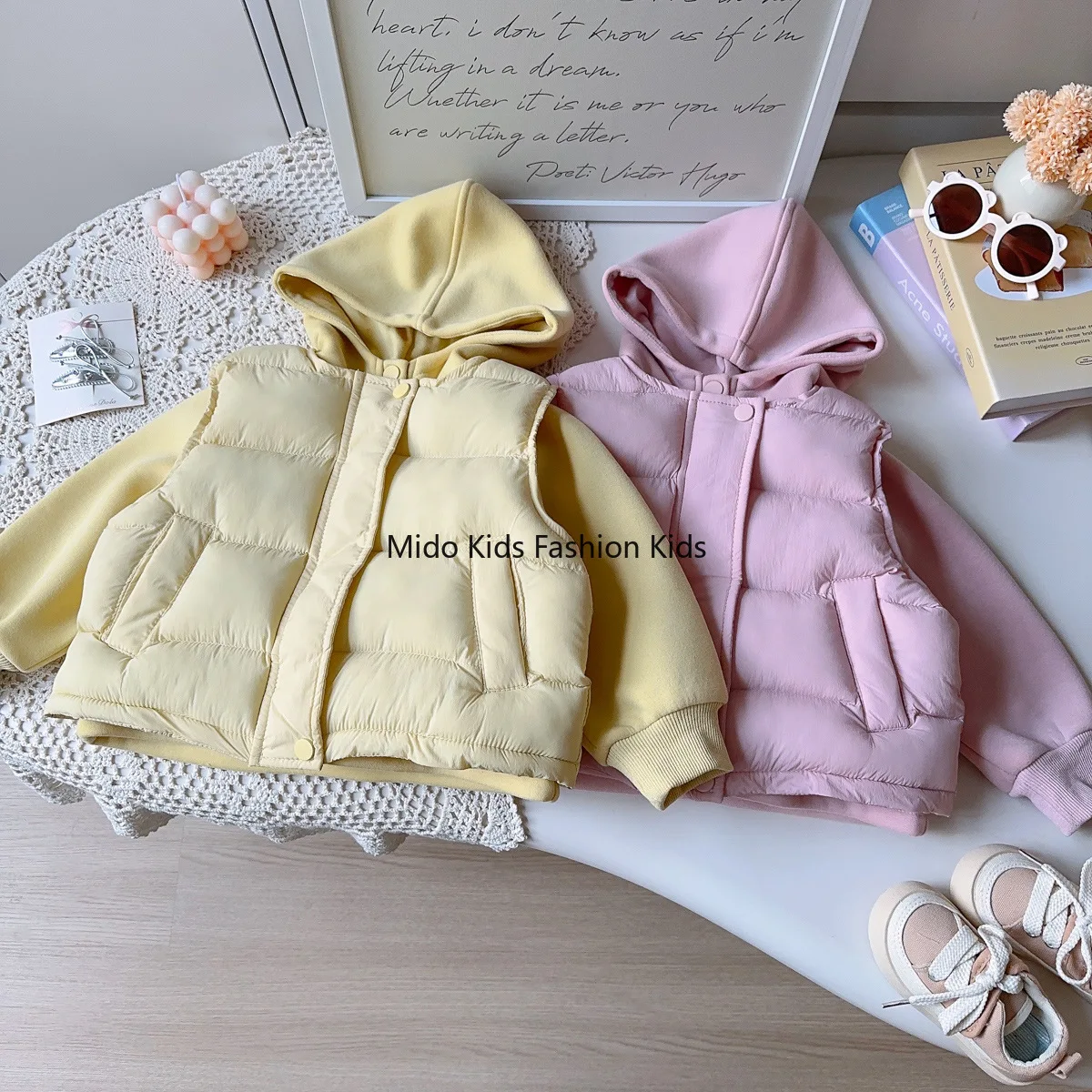

Winter girls suit new padded warm hooded sweater thickened waistcoat waistcoat two-piece set 90-140cm