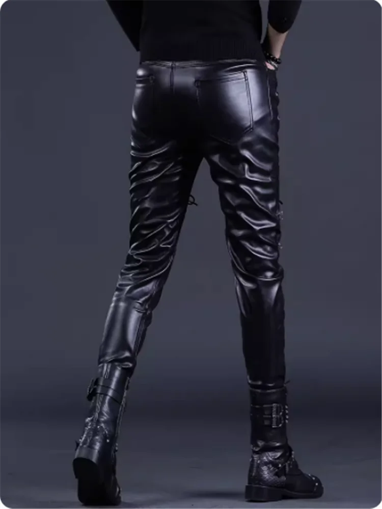 2023 Winter men's thermal leather pants stage performance pants motorcycle rider to drive takeaway rider windproof pants