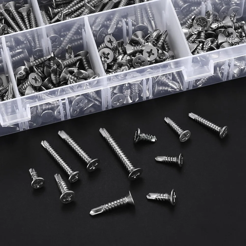 Cross Recessed Drive Screws Set Self-drilling Fasteners 410 Stainless Screws Multiple Lengths Included Silver Finish