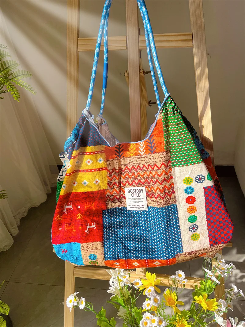 

Thailand Bangkok Nepal Print Fabric Bag Large Capacity Fashion Countryside Style Casual Shoulder Tote For Women