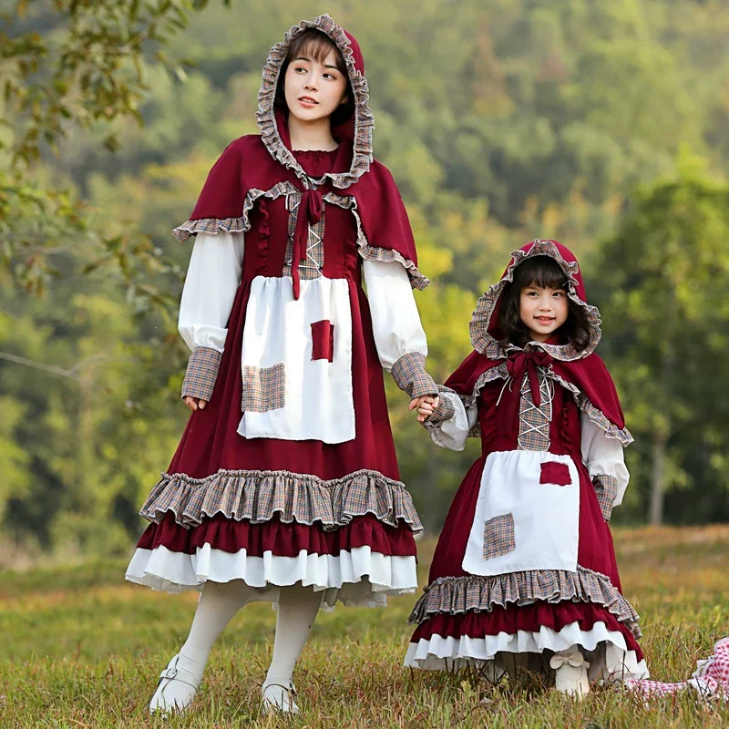 

2026 New Farm Maid Red Riding Hood Cosplay Costume Halloween Apron Pinafore Dress Straw Basket Prop Full Set For Women