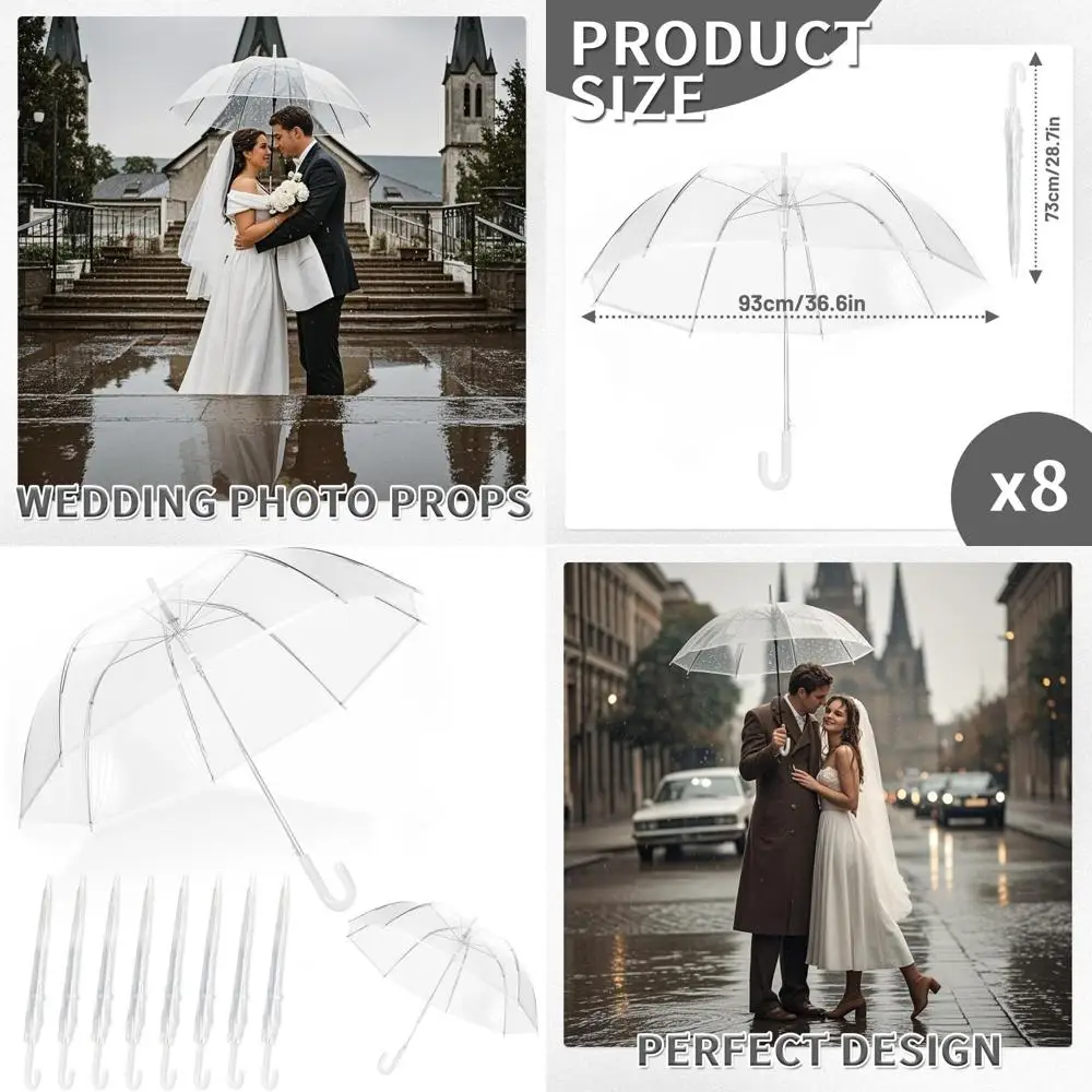 

8 Pack Clear J-Handle Umbrellas for Weddings and Outdoor Events, Windproof and Large Enough for Two