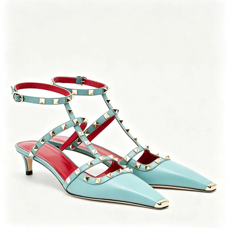 European and American Women's Rivet Low Heel Square Head Stiletto Sandals Fashion Show Party Summer Women's High Heel Sandals view 3